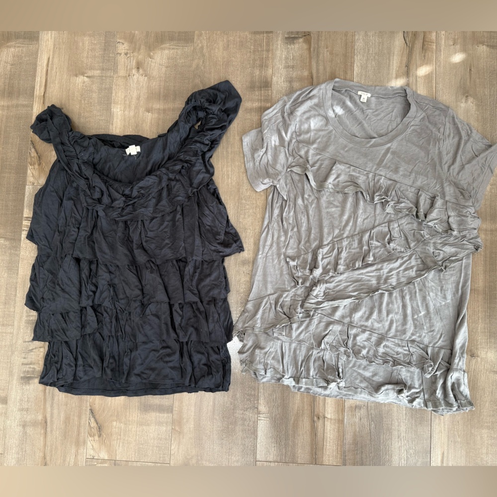 Lot of 2 J Crew Shirts Women Medium Cascading Ruffles Gray Short Sleeve Tank Top